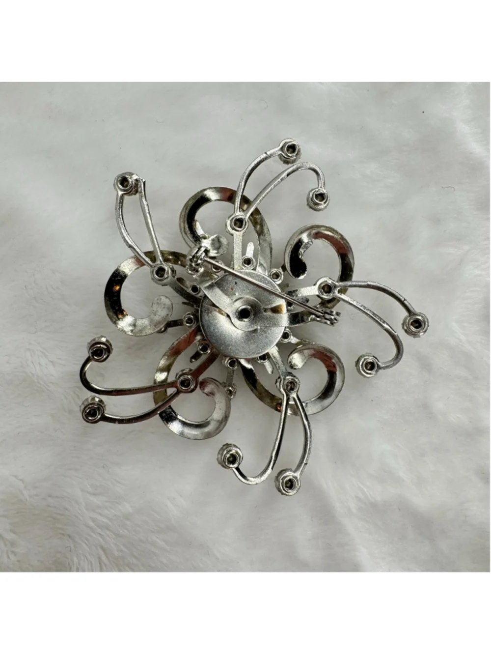 Silver Flower Brooch Pin Rhinestones Vintage Whimsical Midcentury Starburst